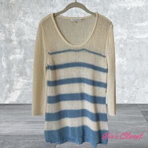 Calvin Klein Sweater Cream Blue Stripes 3/4 Sleeves Light Weight Purl Knit Sz M
